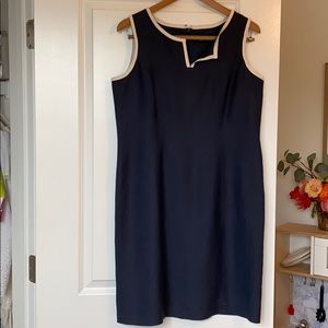 Navy blue and cream linen sheath dress